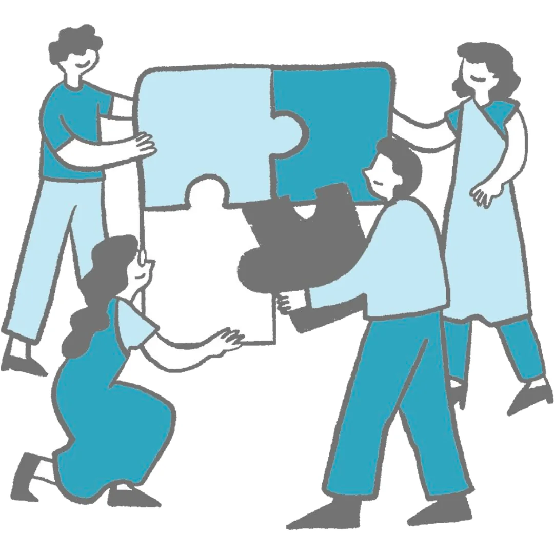 Team collaborating to solve a puzzle, reflecting professionalism, integrity, and accountability.