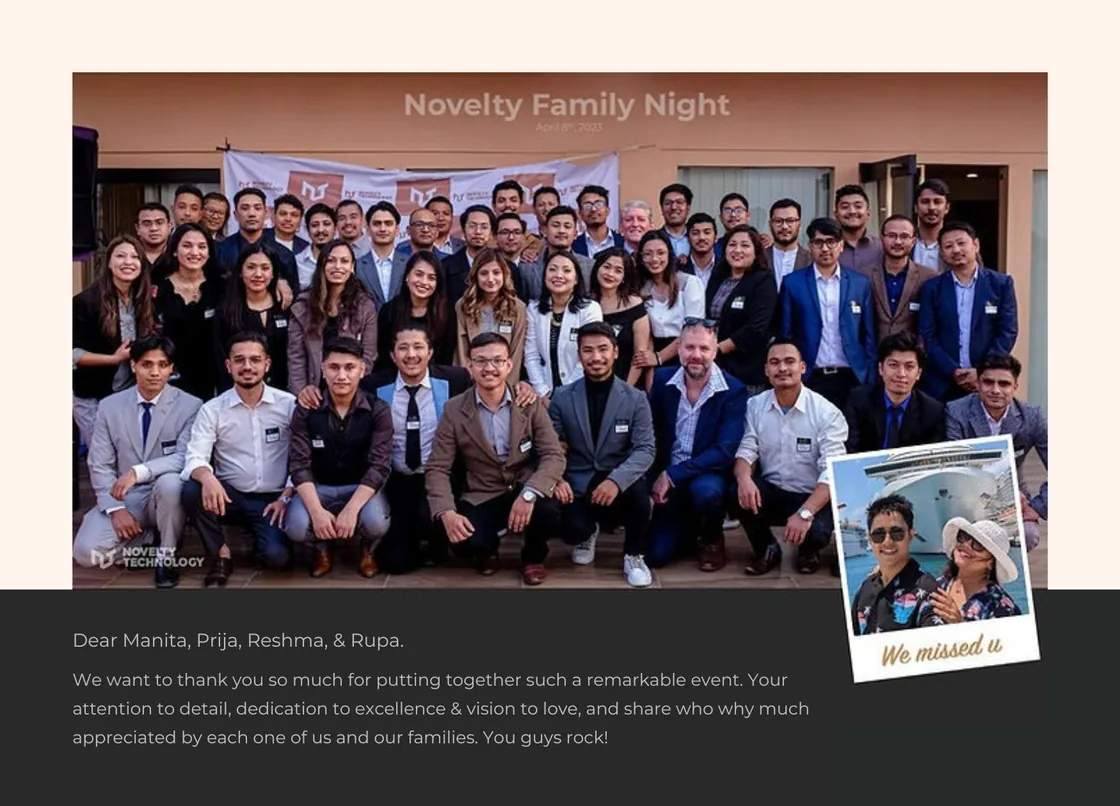 Novelty Technology team celebrating Family Night 2023, honoring families’ support and success.