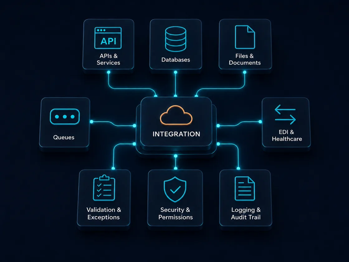 Integration hub connecting APIs, databases, files, queues and EDI/healthcare, with validation, security and logging surrounding the flow.