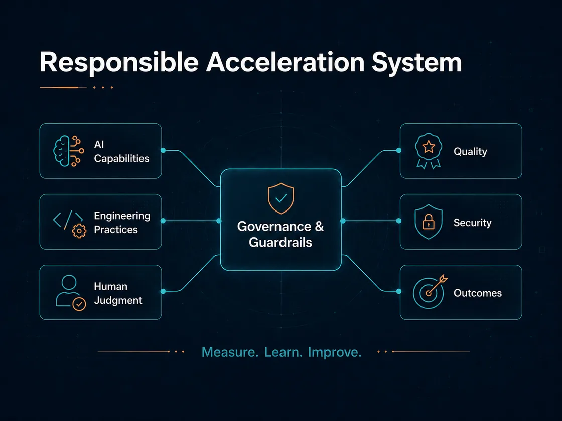 Responsible Acceleration System diagram — AI Capabilities, Engineering Practices, and Human Judgment feeding a Governance & Guardrails core that produces Quality, Security, and Outcomes. Footer reads: Measure. Learn. Improve.