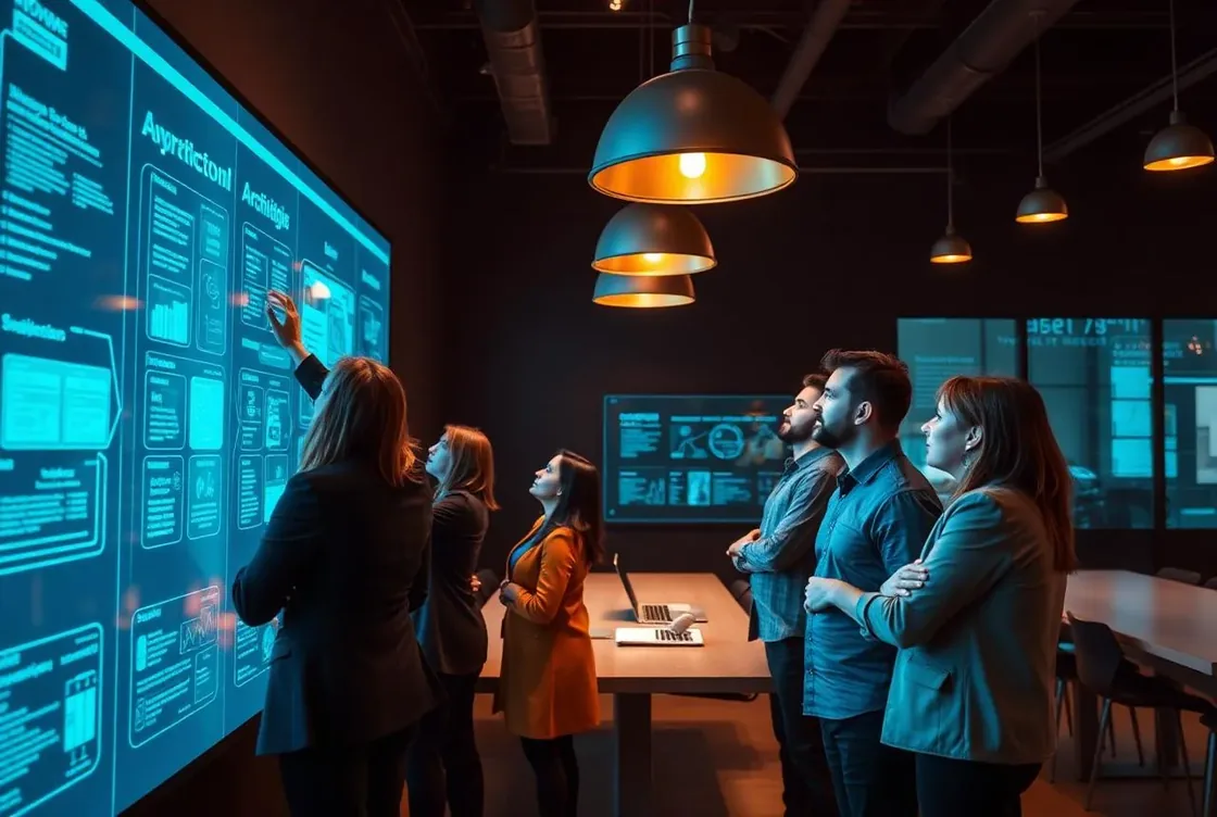 Diverse consulting team collaborating around a large architecture display.