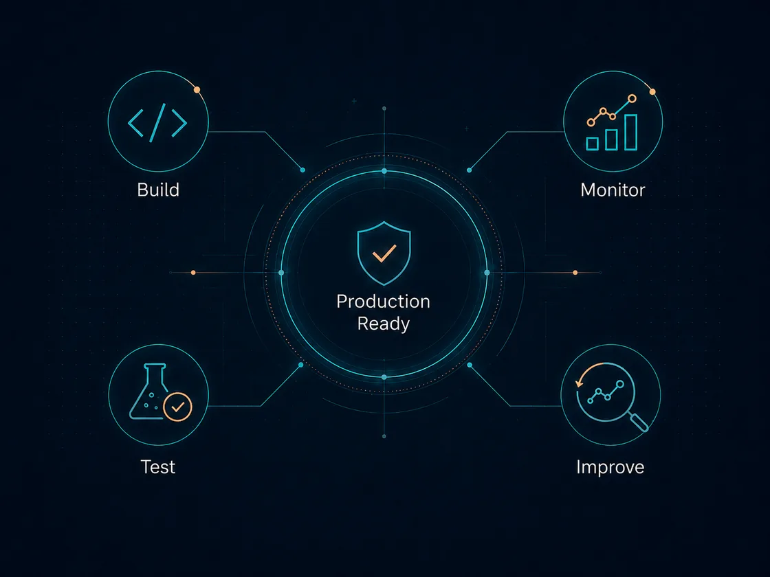 Production Ready diagram — Build, Test, Monitor, and Improve orbiting a central Production Ready shield.