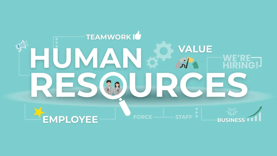 Banner reading “Human Resources” with icons for teamwork, value, and growth in culture.