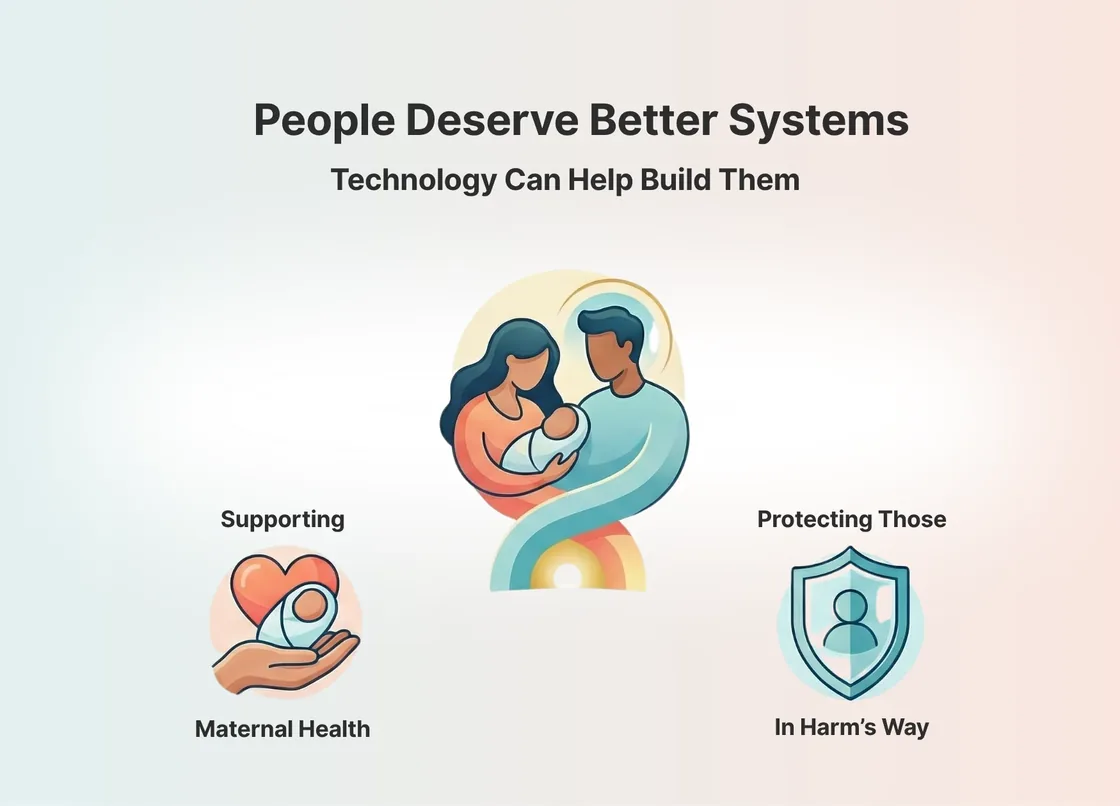 Illustrated visual showing how Novelty Technology supports maternal health and personal safety through purpose-driven digital solutions.