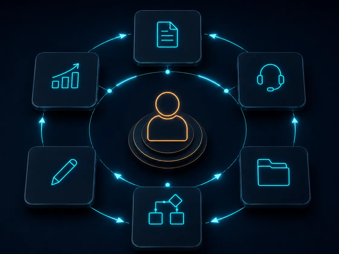 Six AI-assisted workflows orbiting a person, showing human oversight at the center of automated processes.