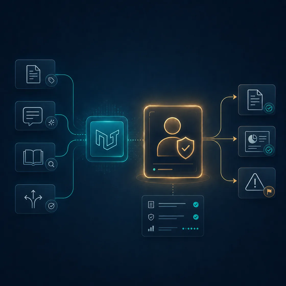 Human-in-the-loop AI workflow: document intake, extraction and validation, human review at low confidence, and approved output routed back into systems of record.