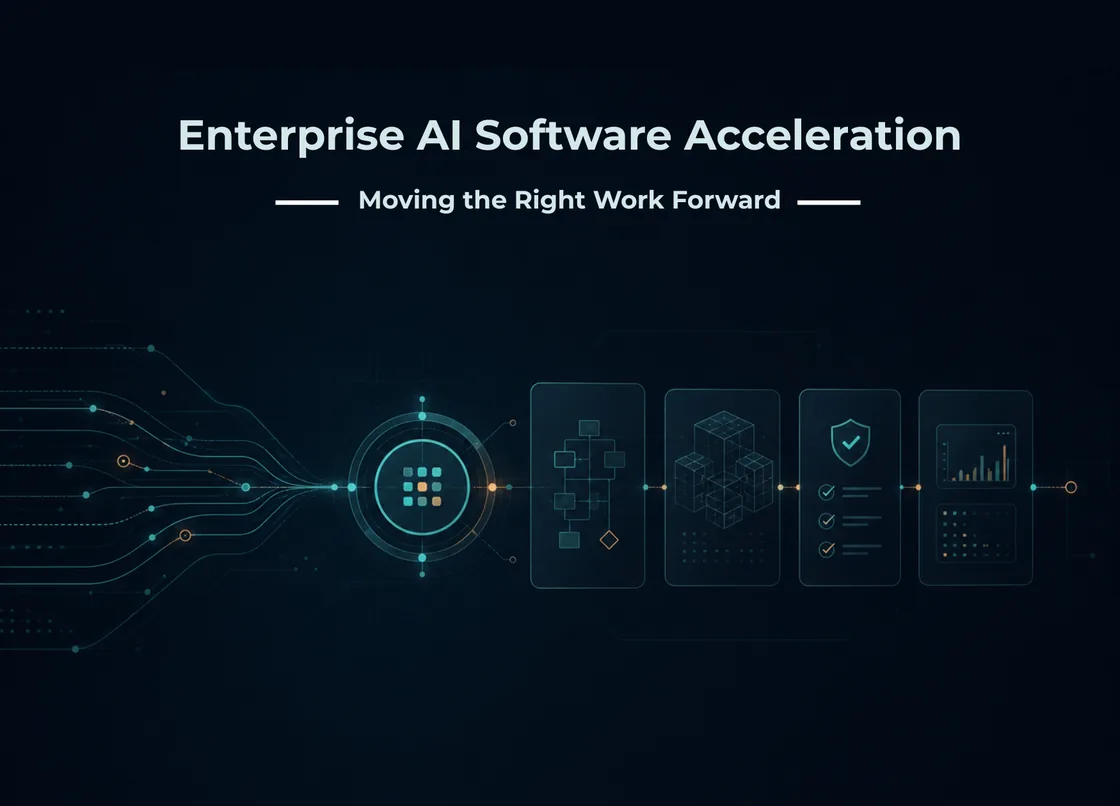 Abstract illustration of AI-enabled software delivery — data streams converging into workflow, architecture, security, and analytics panels.