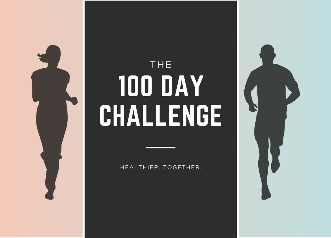 The 100 Day Challenge banner featuring silhouettes of runners and the message “Healthier Together,” symbolizing Novelty’s internal health transformation.