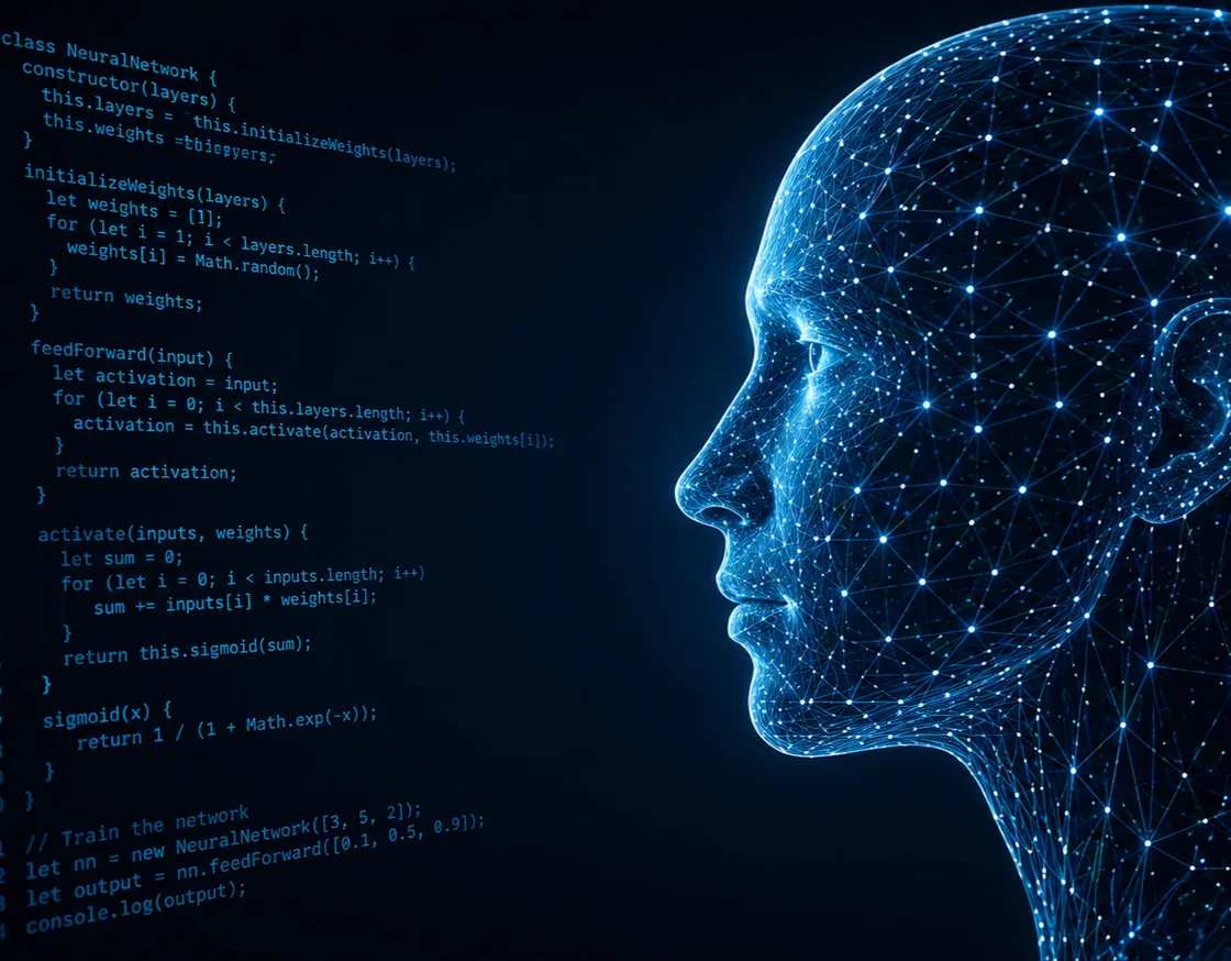 Artificial intelligence in software engineering with a neural-network visualization overlaid on code.