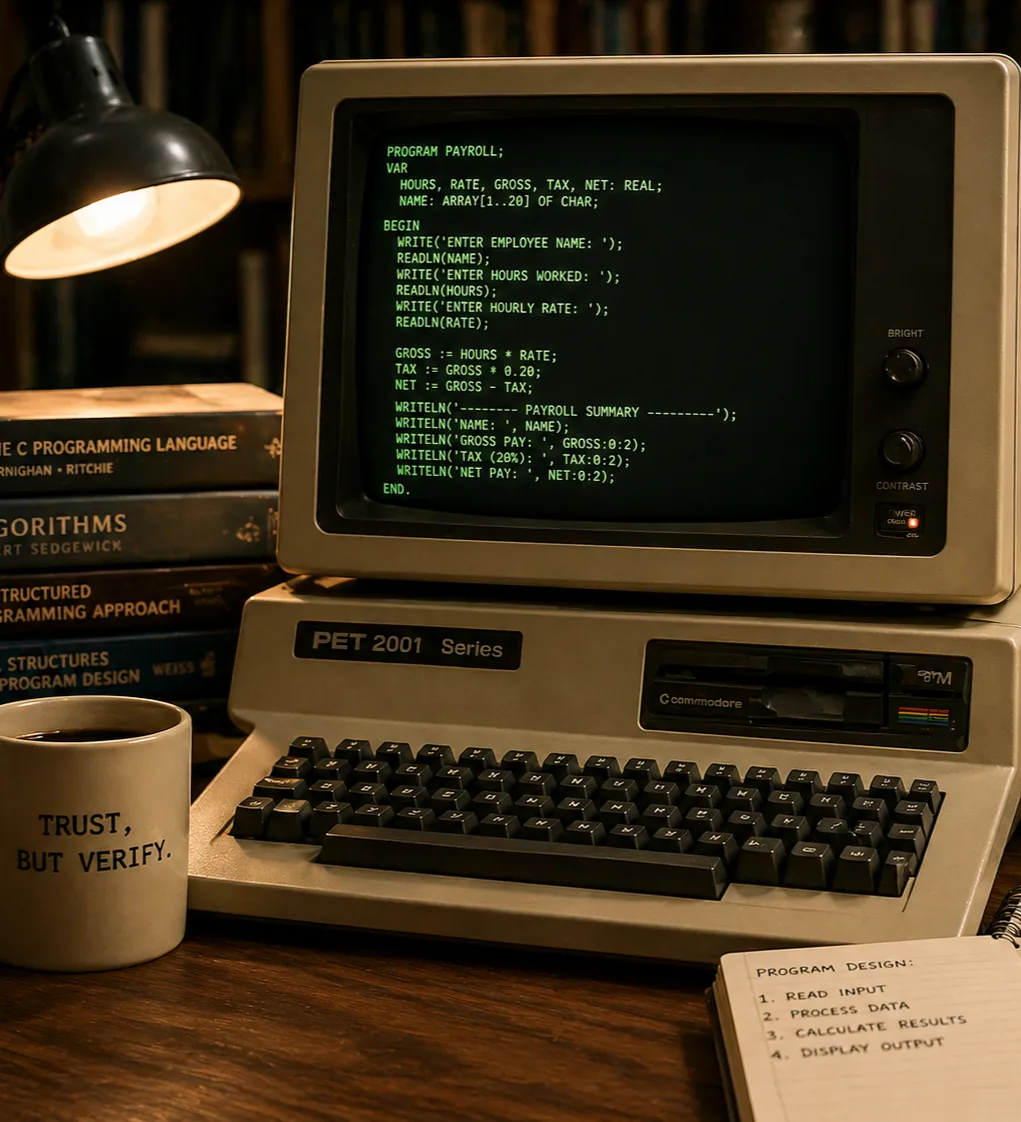 Early programming environment with vintage computer showing low-level code on screen.